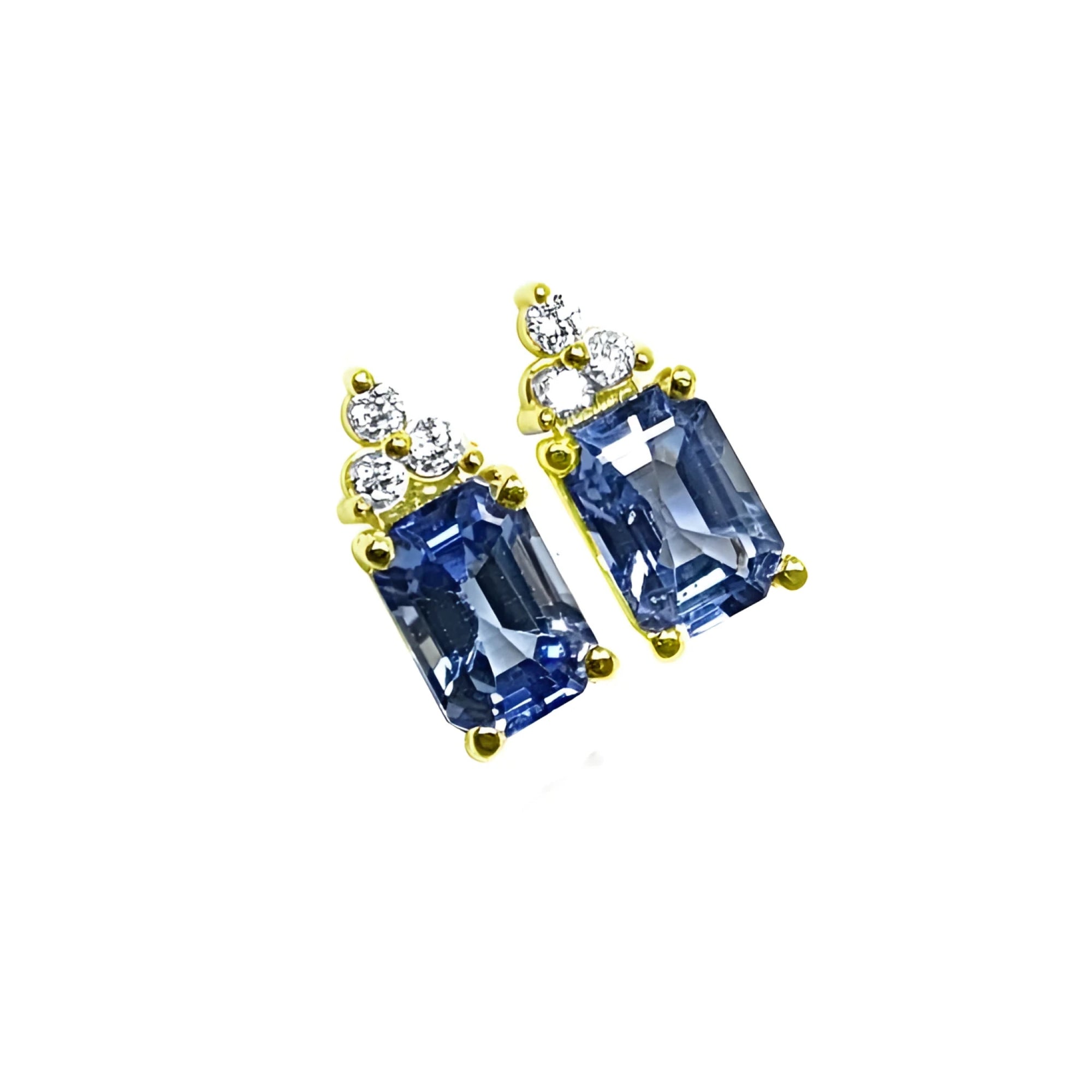 14K yellow gold earrings with rectangular medium-light blue sapphires and sparkling diamond accents.