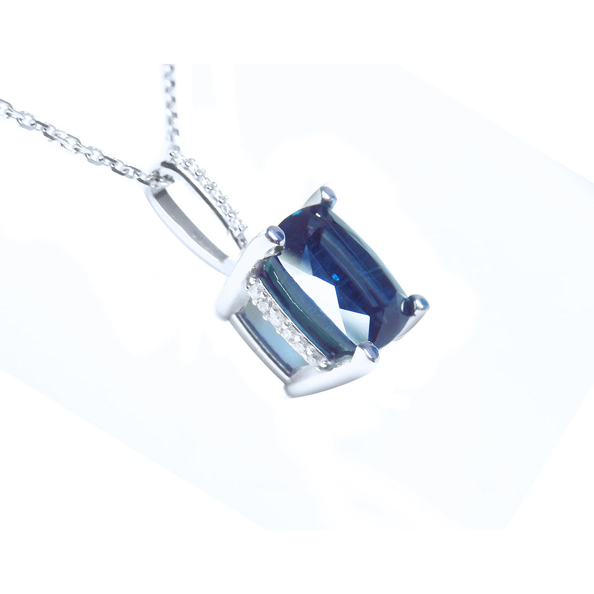 4.11 ct. Solitaire Blue Sapphire Necklace Cushion cut Slider Pendant 14K White Gold