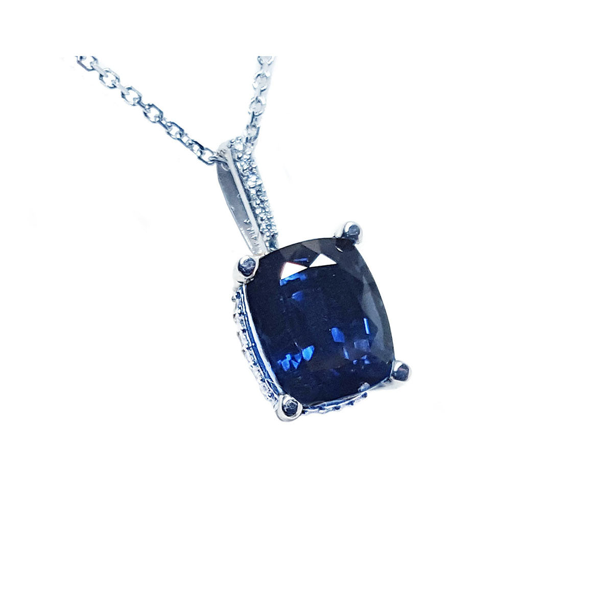 4.11 ct. Solitaire Blue Sapphire Necklace Cushion cut Slider Pendant 14K White Gold