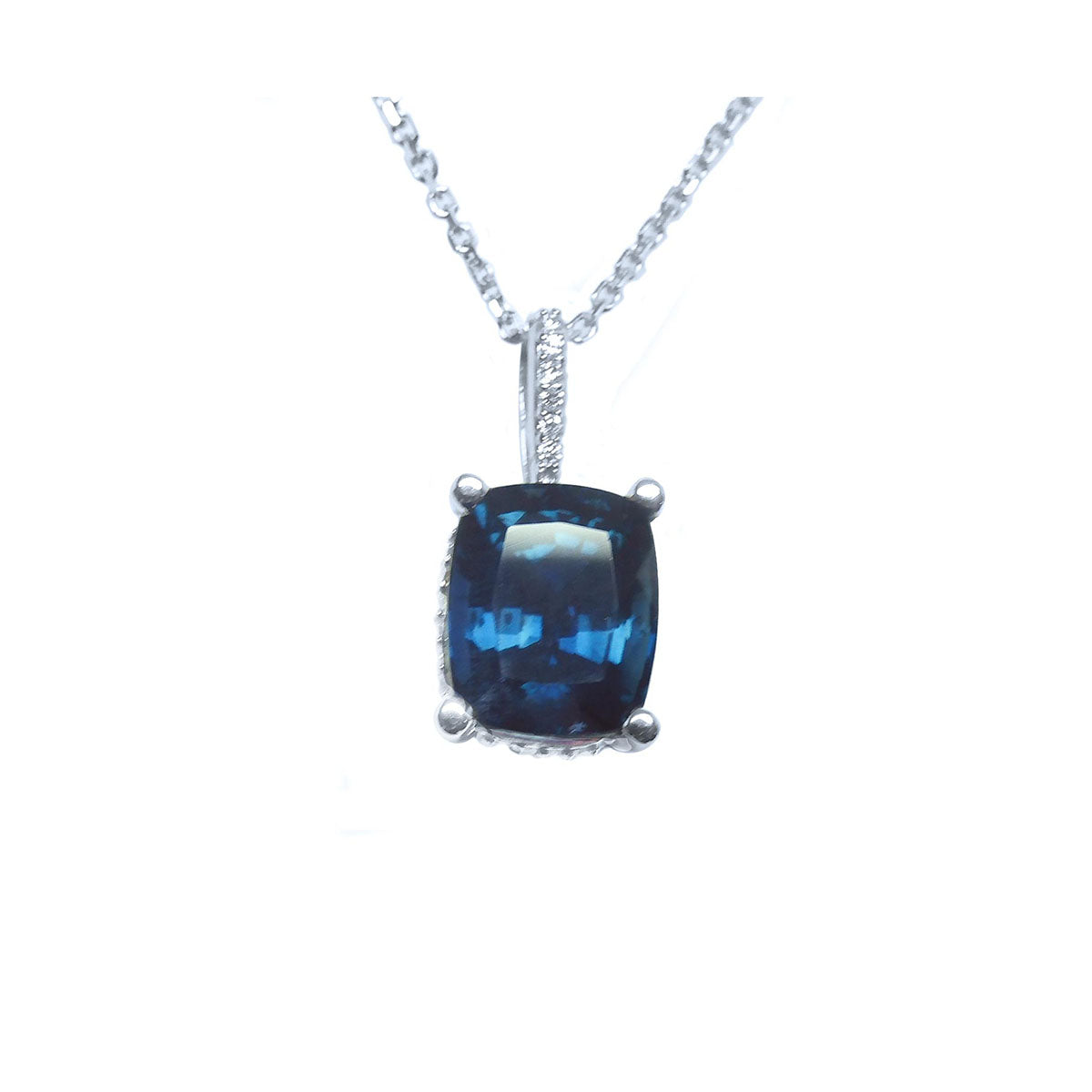 4.11 ct. Solitaire Blue Sapphire Necklace Cushion cut Slider Pendant 14K White Gold