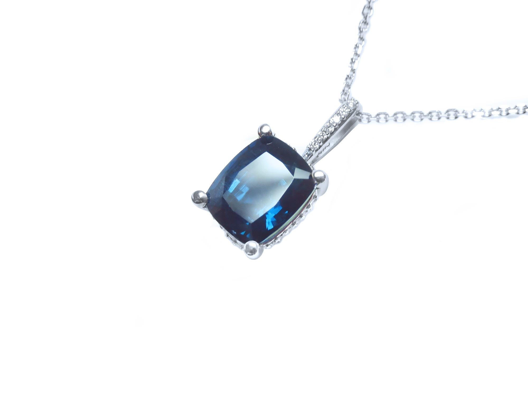 4.11 ct. Solitaire Blue Sapphire Necklace Cushion cut Slider Pendant 14K White Gold