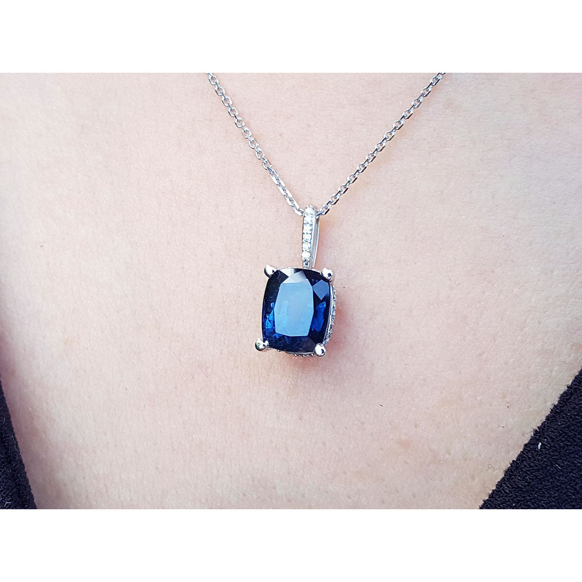 4.11 ct. Solitaire Blue Sapphire Necklace Cushion cut Slider Pendant 14K White Gold