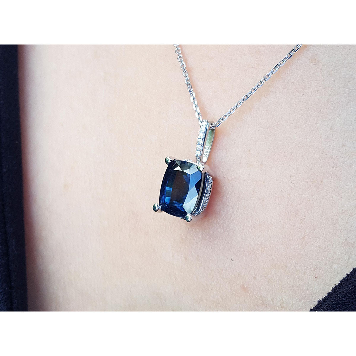 4.11 ct. Solitaire Blue Sapphire Necklace Cushion cut Slider Pendant 14K White Gold