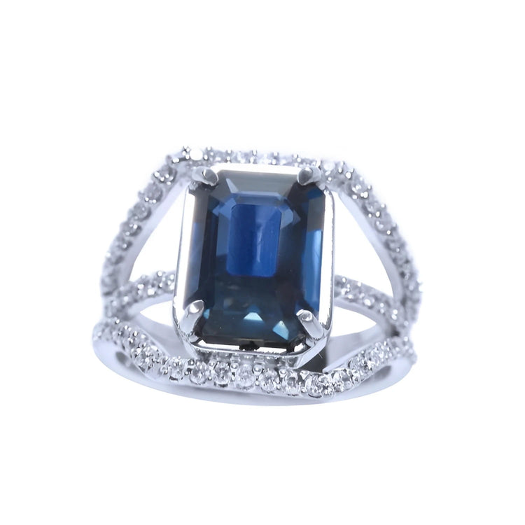EGL Certified untreated women's blue sapphire ring crafted in 18K white gold, showcasing a medium dark blue hue. 
