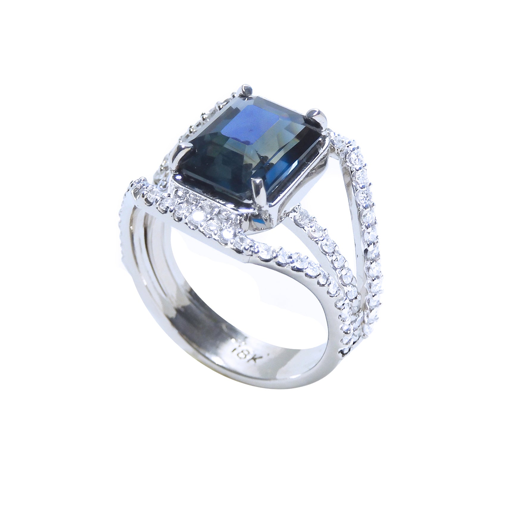 EGL Certified untreated women&#39;s blue sapphire ring 18K white gold, half lateral view top down perspective