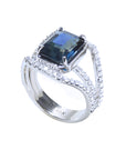EGL Certified untreated women's blue sapphire ring 18K white gold, half lateral view top down perspective
