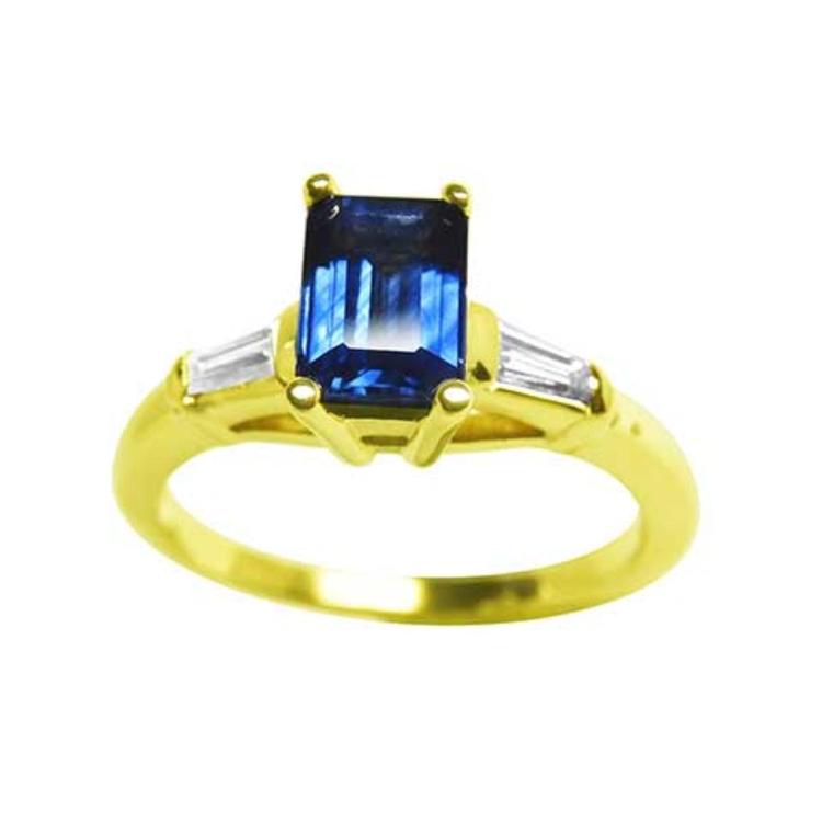 Women's blue sapphires ring side tapered baguette diamonds 14k yellow gold, top view front position