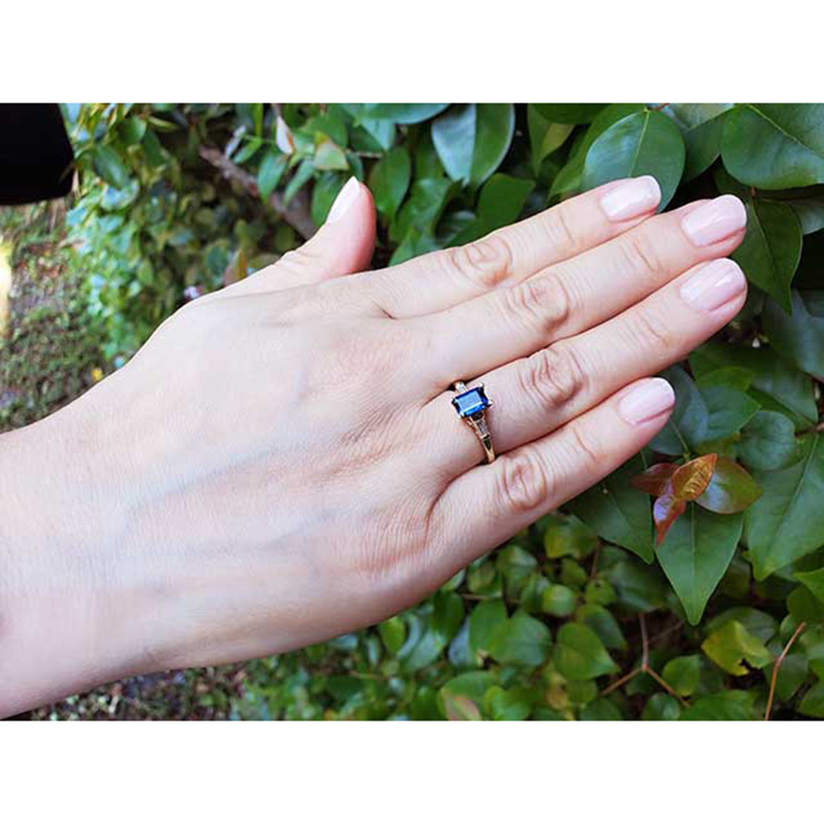 Hand wearing a gold ring with a blue sapphire against a green leafy background