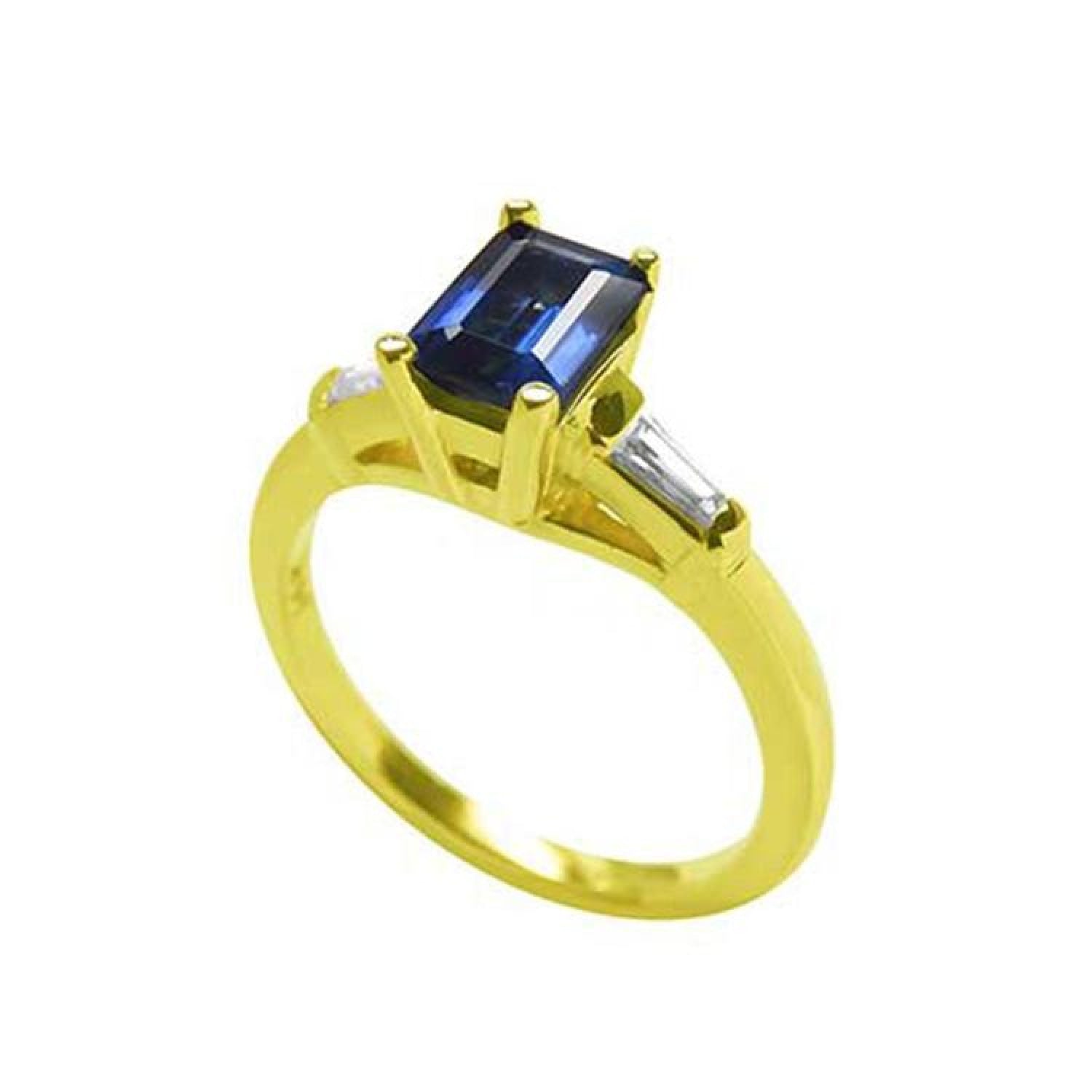 14K yellow gold ring with a rectangular emerald-cut blue sapphire and tapered baguette diamonds.