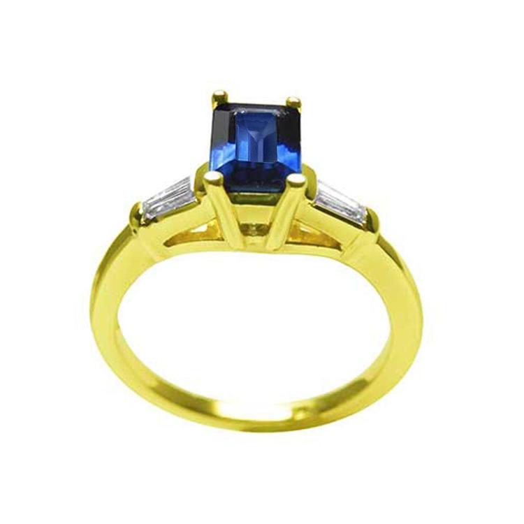Women's blue sapphires ring side tapered baguette diamonds 14k yellow gold, half tall top gallery and shank visibles
