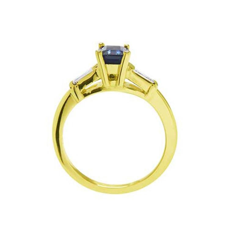 Women's blue sapphires ring side tapered baguette diamonds 14k yellow gold, tall top gallery and shank view