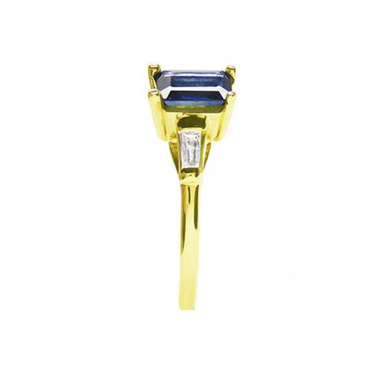 Women's blue sapphires ring side tapered baguette diamonds 14k yellow gold, side top, shoulder and shank profile