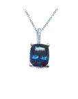 Cushion-cut blue sapphire necklace with a slider pendant, set in a four-prong basket setting of 14k white gold.