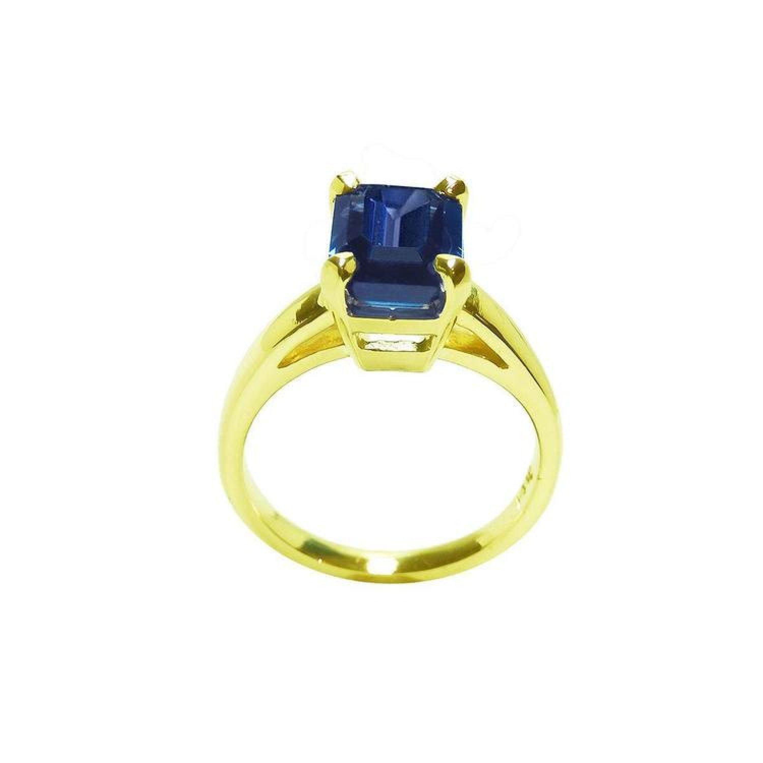 3.13 ct. deep blue emerald-cut sapphire solitaire ring in 14K yellow gold.