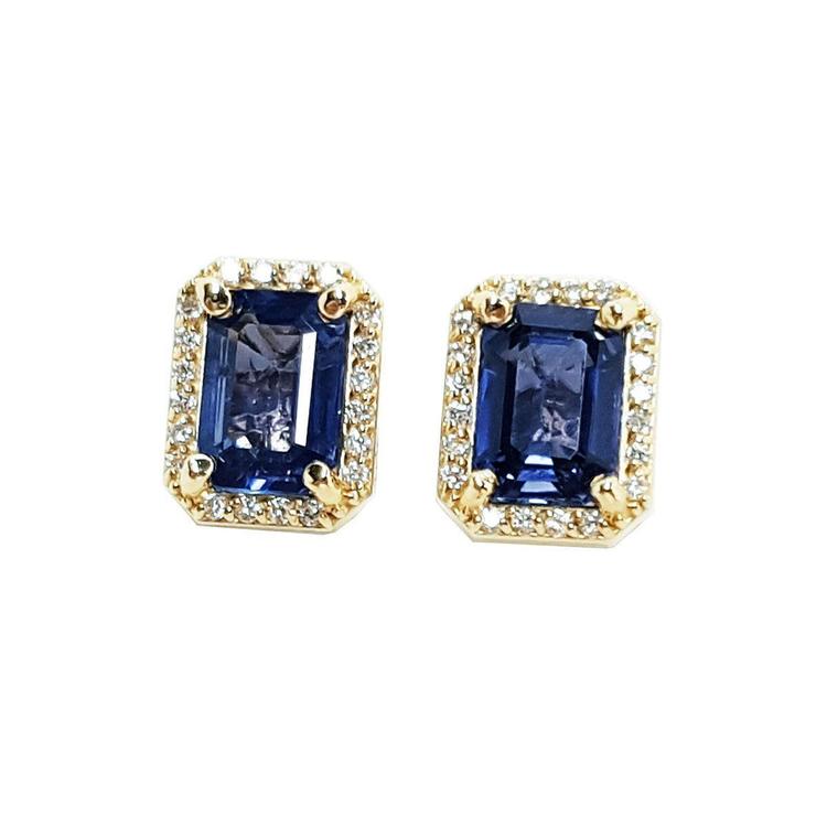 Blue sapphire stud earrings halo diamond, affordable factory prices, crafted in 14k yellow gold and push backs.