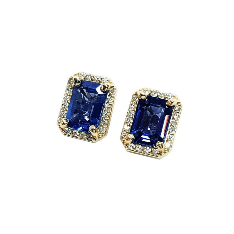 Blue sapphire stud earrings halo diamond 14k yellow gold, left side top view