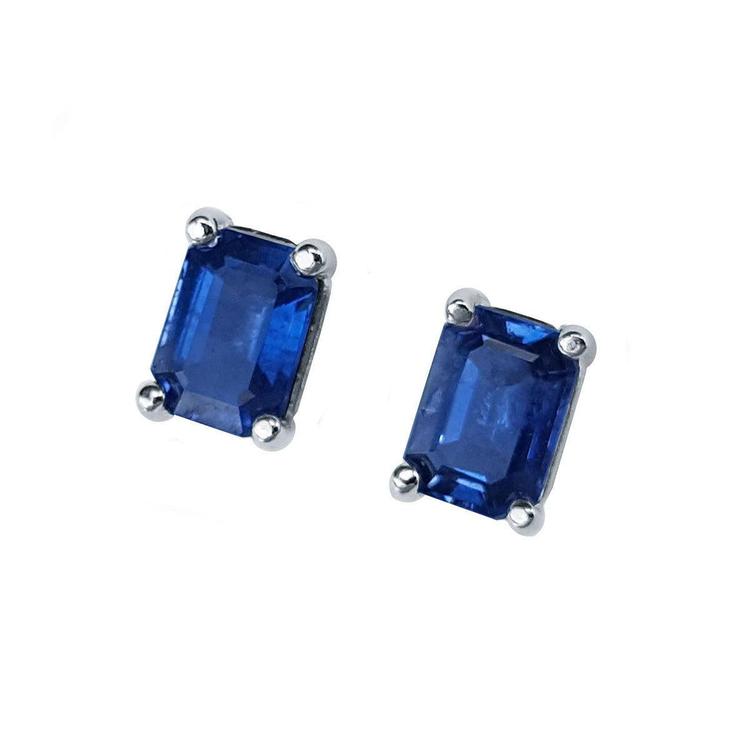 Solitaire natural sapphire stud earrings 14k white gold, left side top view