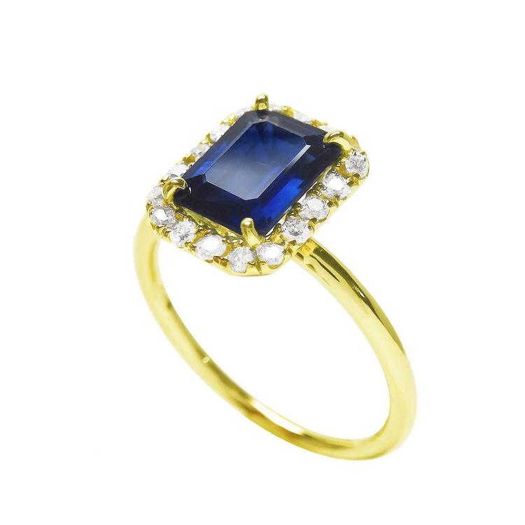 Women's natural blue sapphire ring halo diamond in 14k yellow gold, half side top view shank profile