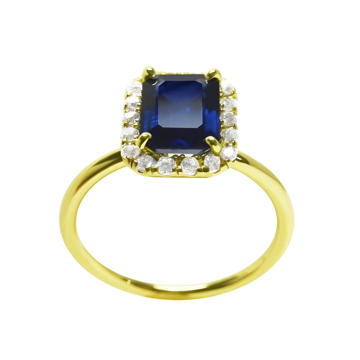 Women's 14k yellow gold ring with a rectangular emerald cut blue sapphire and diamond halo.