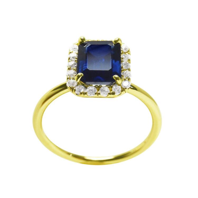 Women's natural blue sapphire ring halo diamond in 14k yellow gold, half tall profile top view