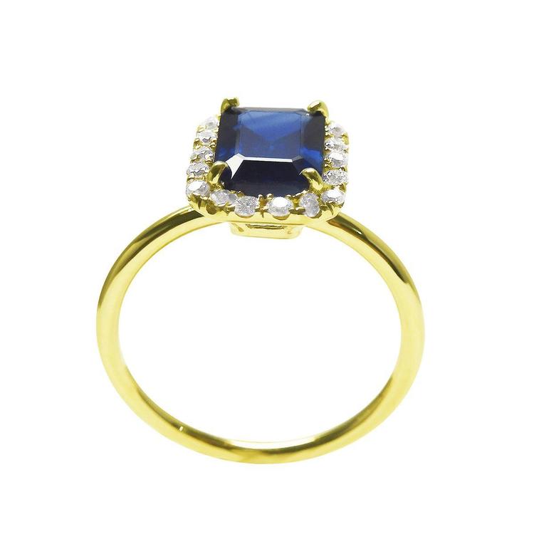 Women's natural blue sapphire ring halo diamond in 14k yellow gold, high top setting gallery and shank view