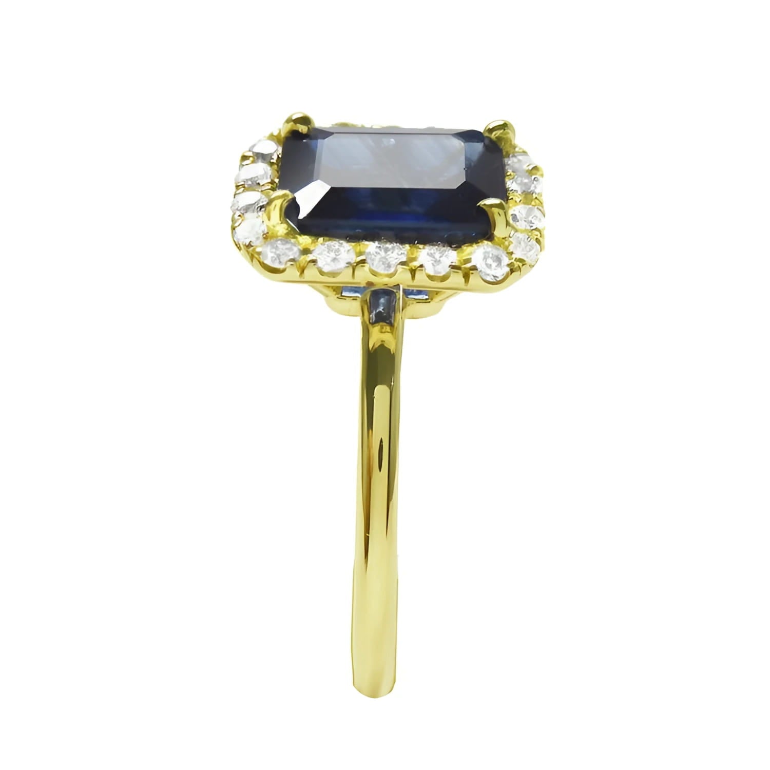 Women's 14k yellow gold ring with emerald-cut natural blue sapphire and diamond halo.