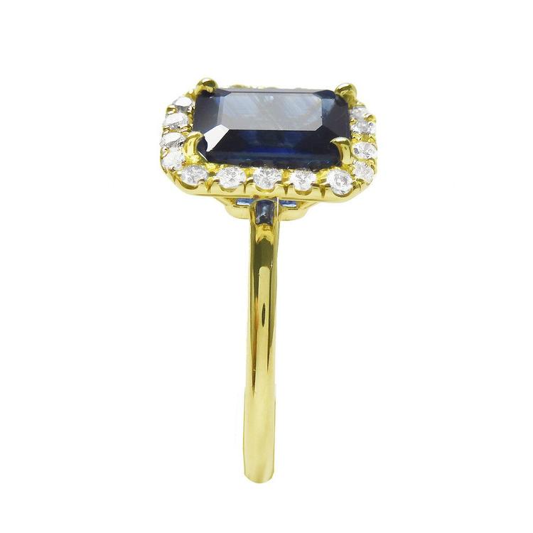 Women's natural blue sapphire ring halo diamond in 14k yellow gold, side top view down shank profile