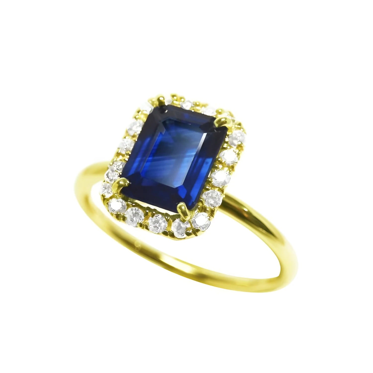 Women's 14k yellow gold ring with emerald cut natural blue sapphire and diamond halo.
