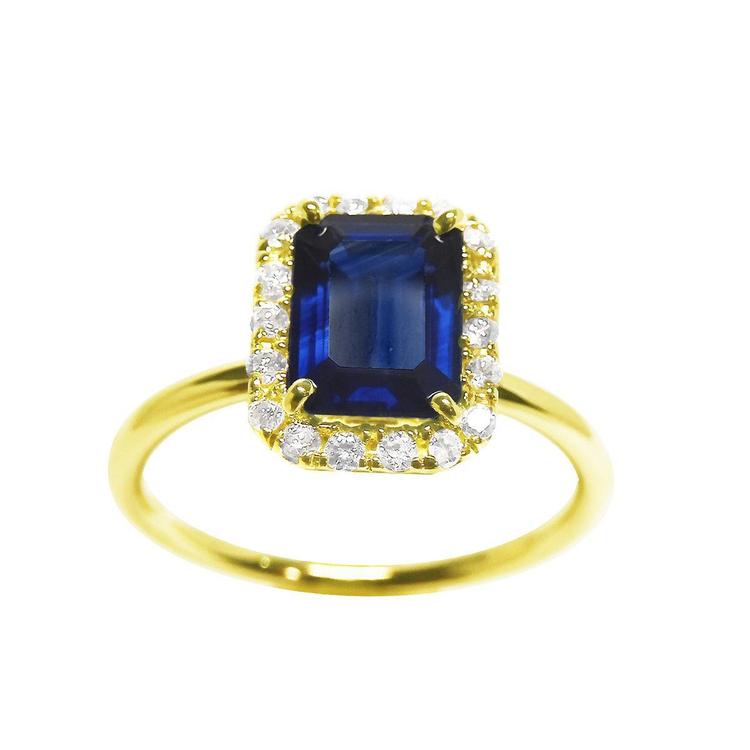 Women's natural blue sapphire ring halo diamond in 14k yellow gold, top view front position