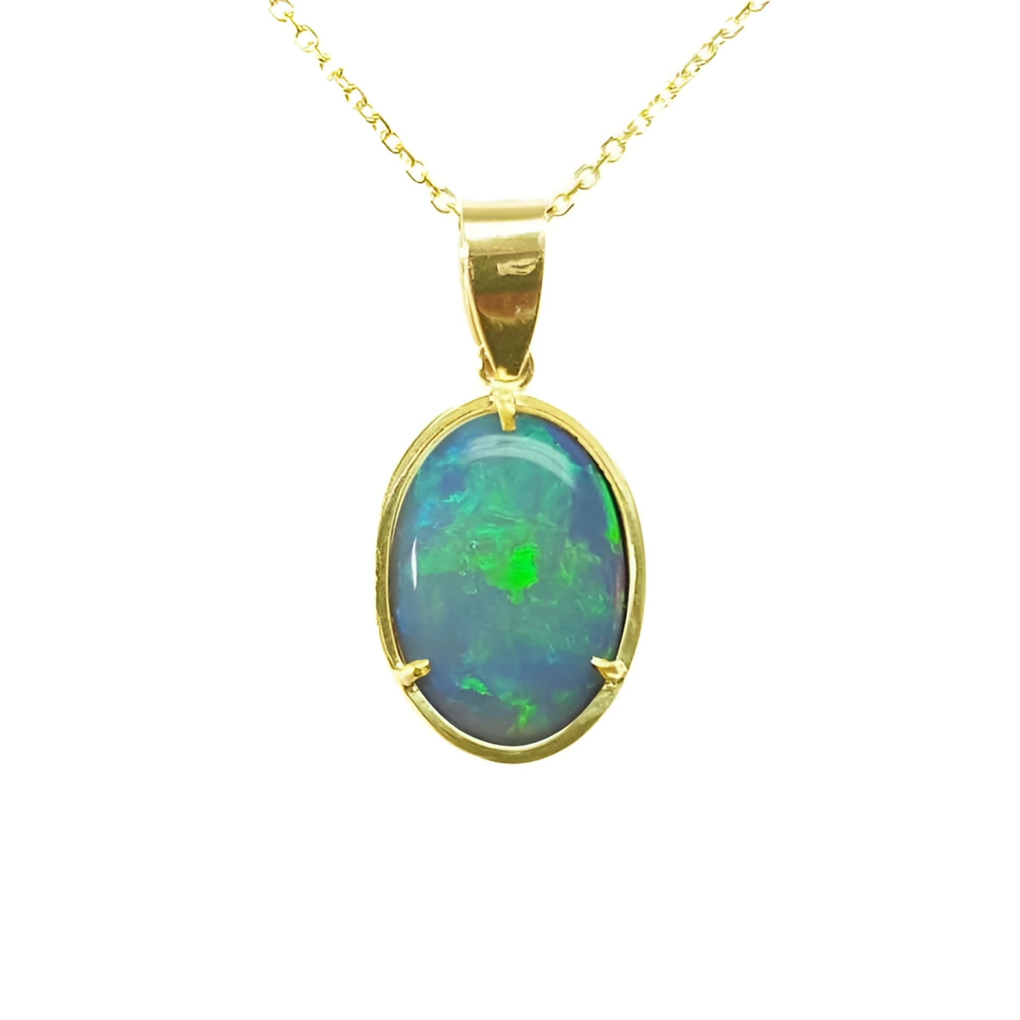 Oval bluish-green Australian opal pendant in 14K yellow gold with three prongs on a delicate chain.