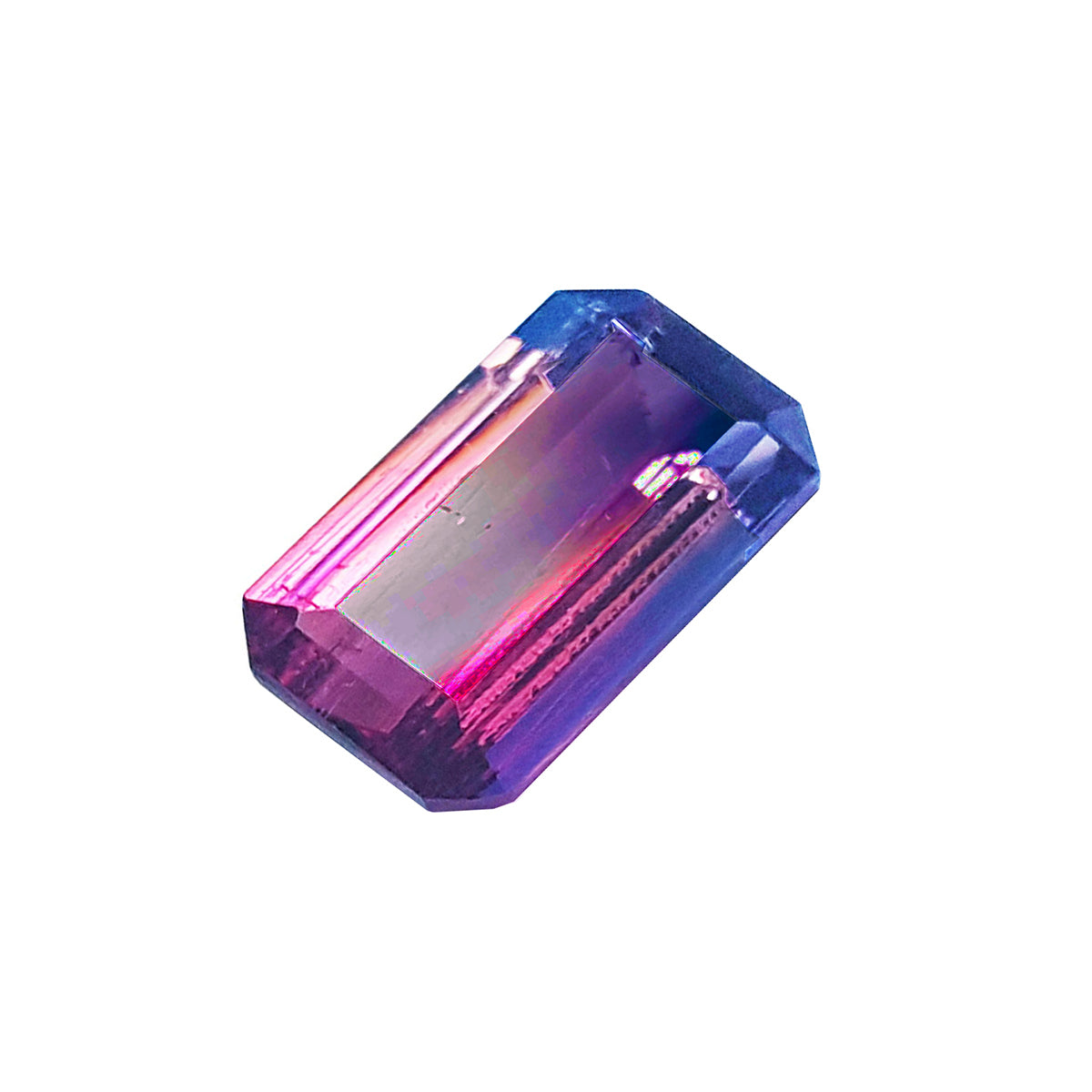 A rectangular watermelon tourmaline showing the table and crown facets topside view.