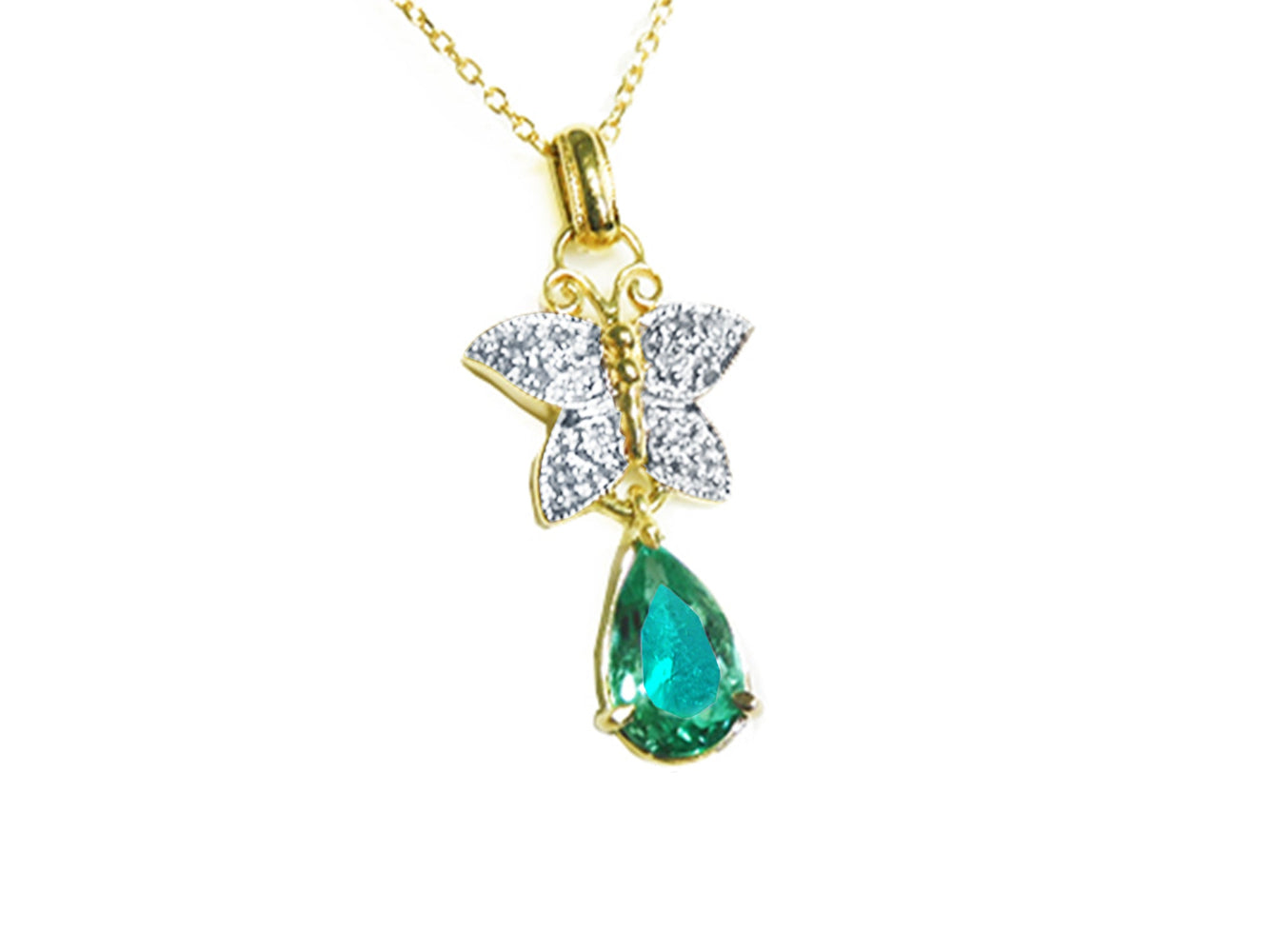 Gold necklace with a natural emerald teardrop pendant and butterfly design on a topside view.