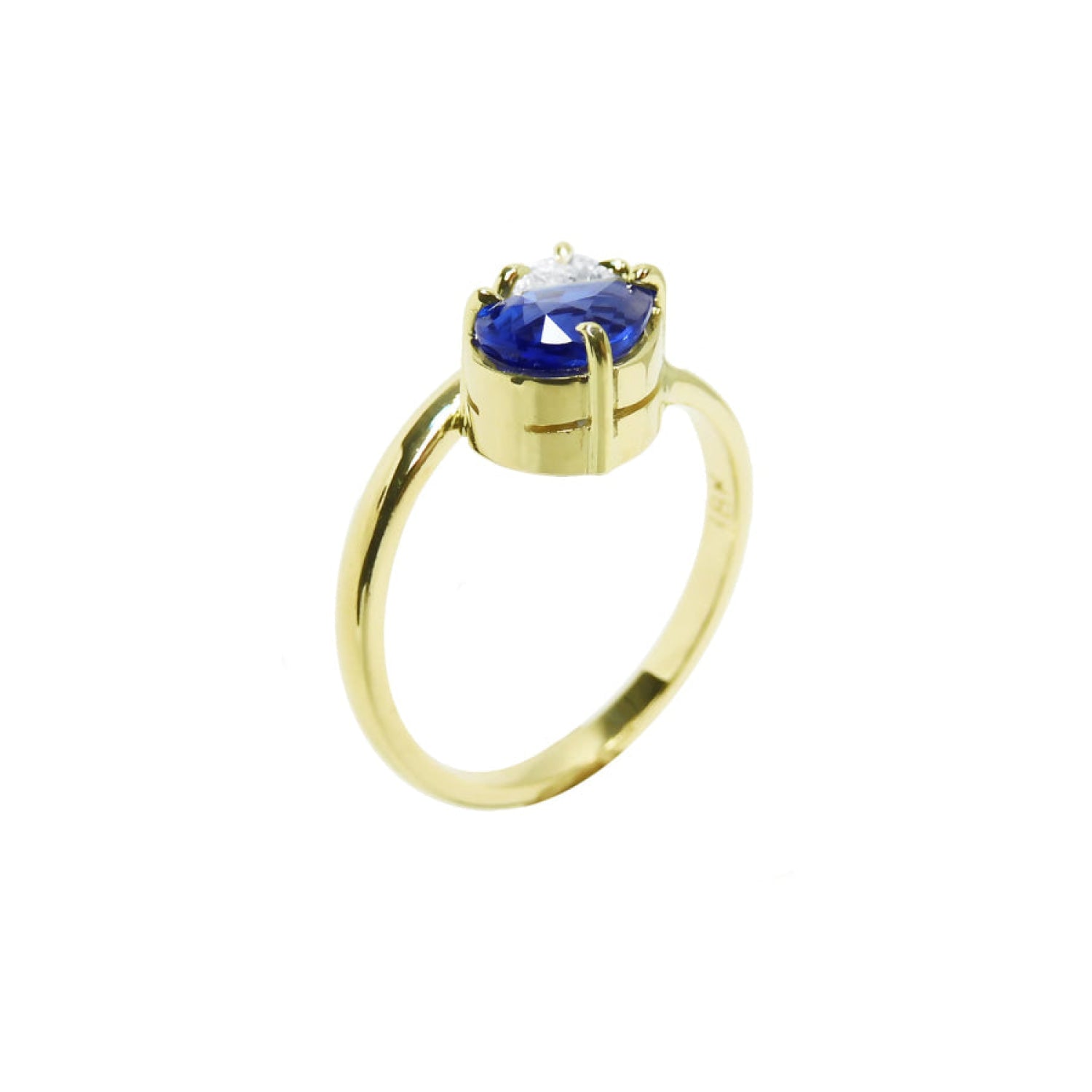"You and Me" blue natural sapphire bypass ring side diamond handcrafted in 18k yellow gold with its distinctive twisted-band silhouette.