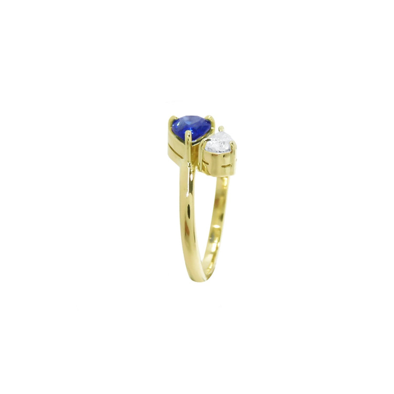 Two-stone "You and Me" blue natural sapphire bypass ring featuring a sparkling medium-deep blue teardrop diamond on the side, handcrafted in 18k yellow gold.