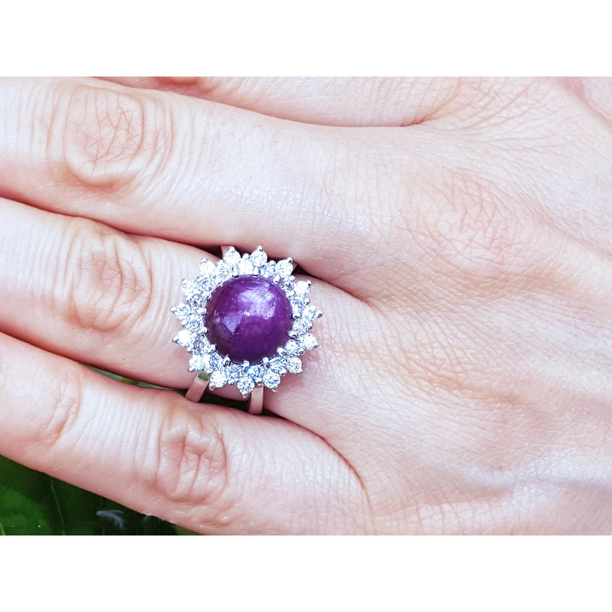 Cabochon Star Ruby Ring for Women 6.25 ct. Double Halo Natural Diamonds 18K Gold