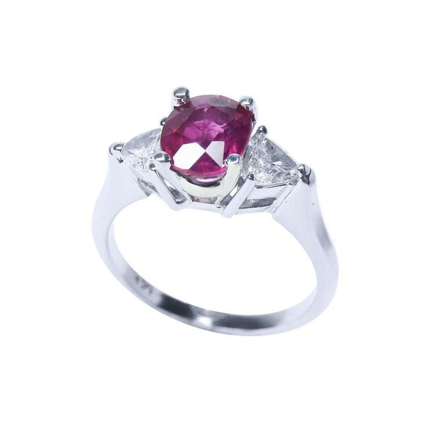 Women's 14k white gold ring with a deep red oval ruby and two trillion side diamonds.