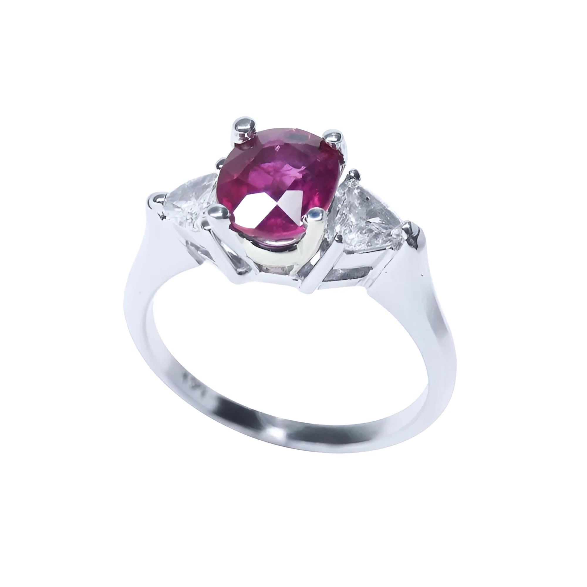 Women's 14k white gold ring with a deep red oval ruby and two trillion side diamonds.