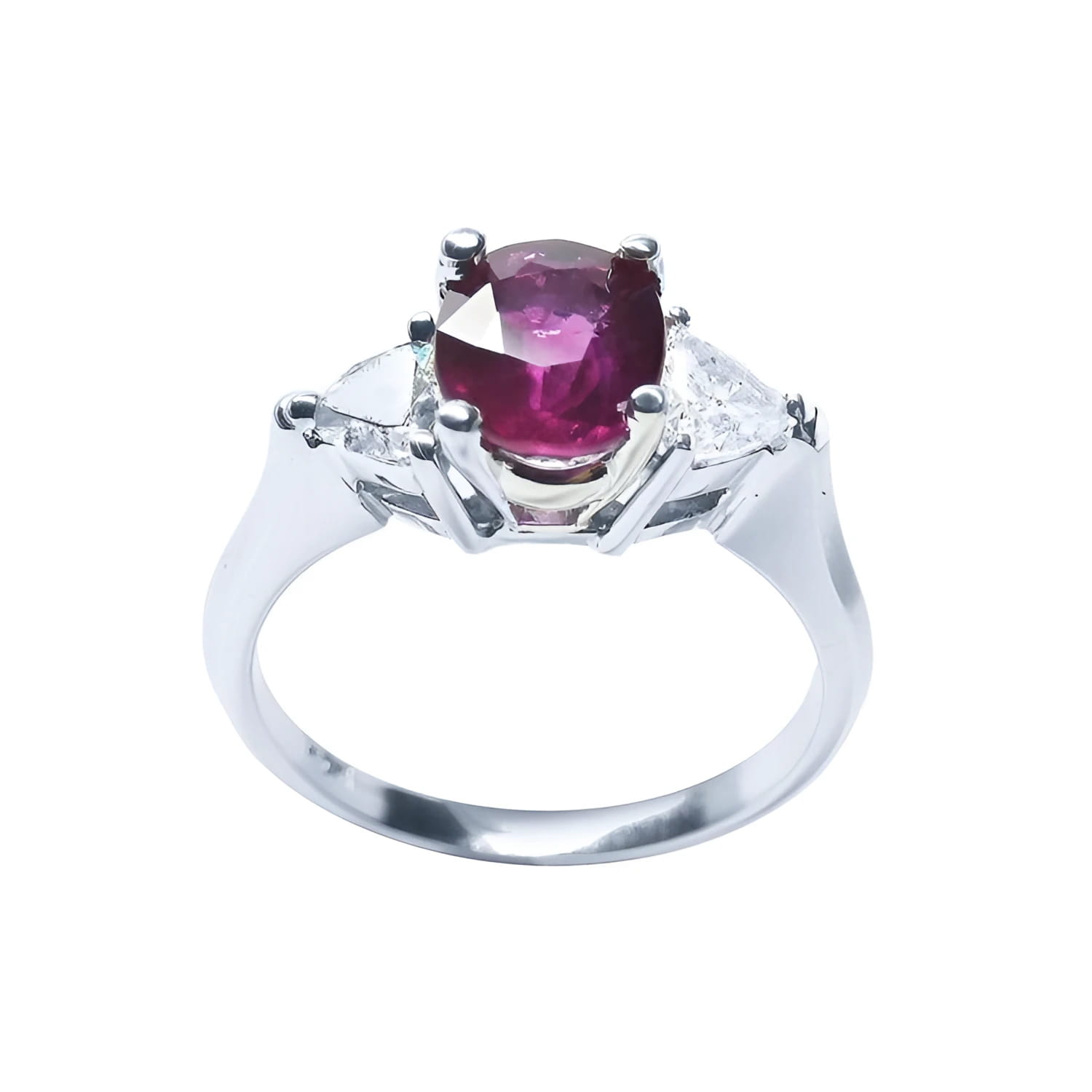 Women's 14k white gold ring with a deep red ruby and trillion side diamonds.