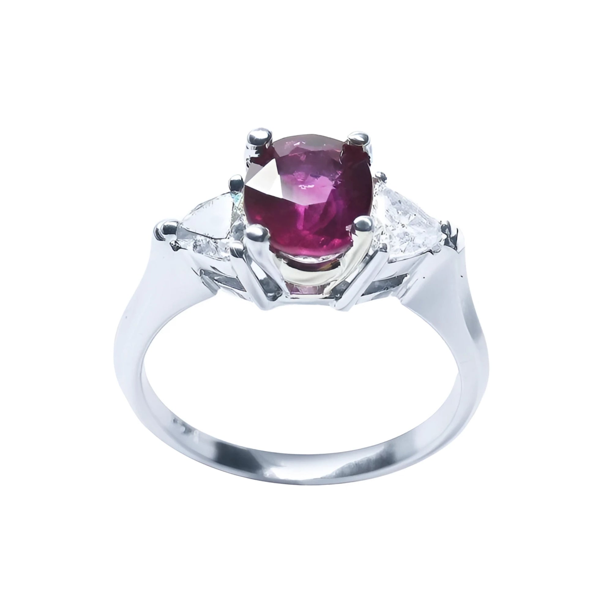 Women's 14k white gold ring with a deep red ruby and trillion side diamonds.