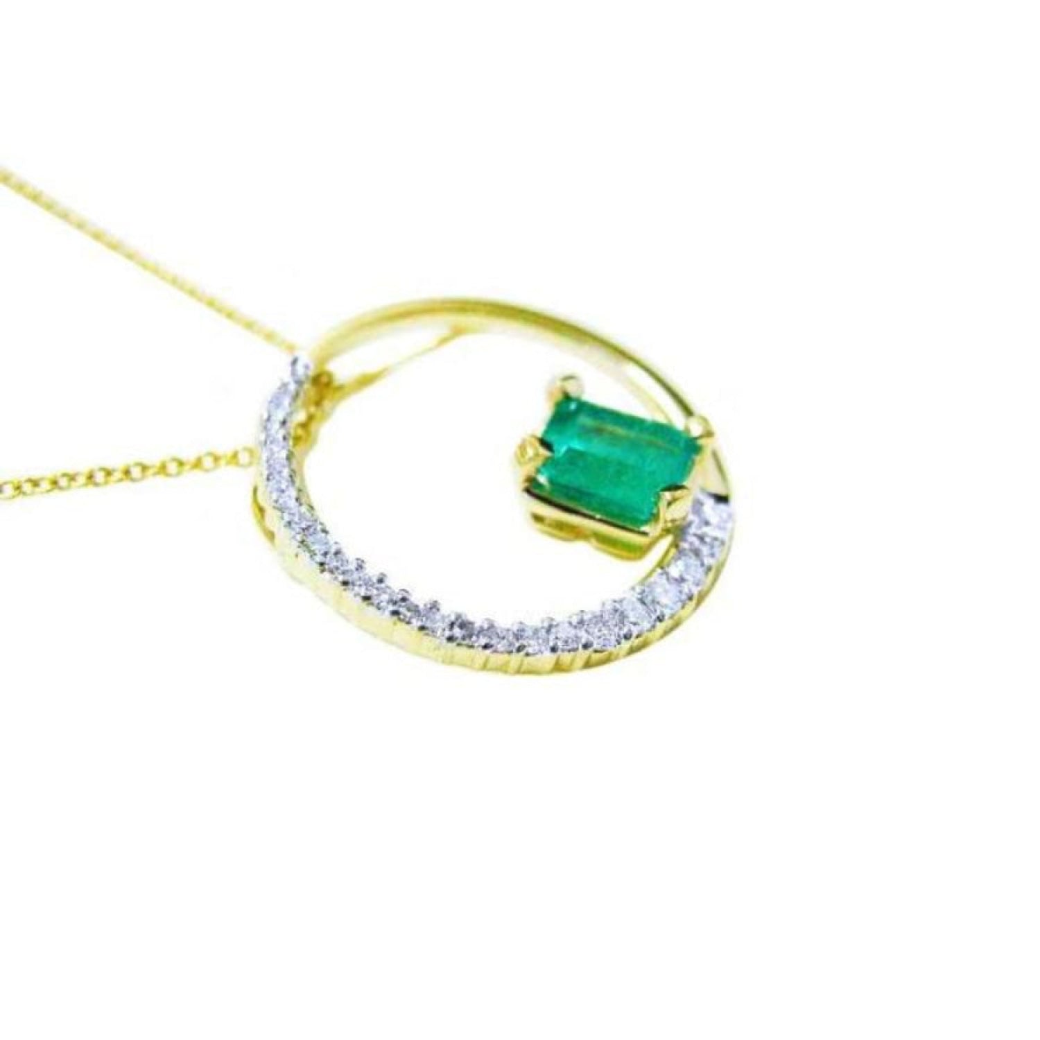 1.08 ct emerald and diamond circle pendant in 14K gold, with a half pavé diamond band.