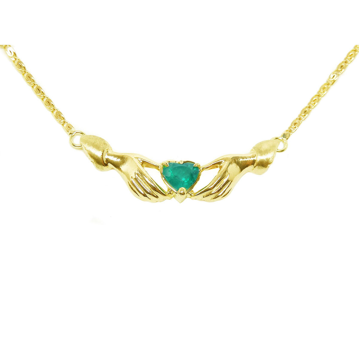 Yellow gold claddagh necklace heart cut natural Colombian emerald Muzo mines crafted in 14k yellow gold