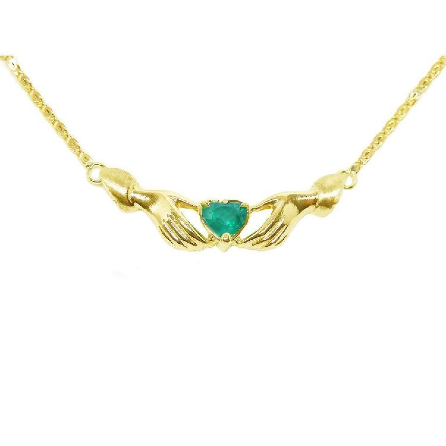 14K yellow gold Claddagh necklace with a deep green heart-cut emerald.