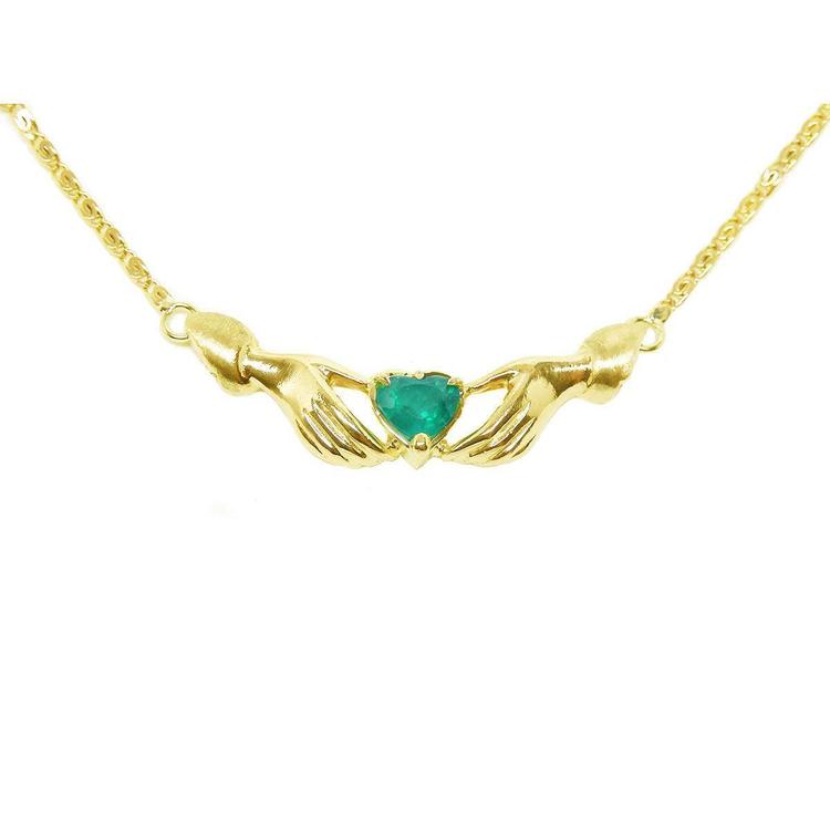 14K yellow gold Claddagh necklace with a deep green heart-cut emerald.