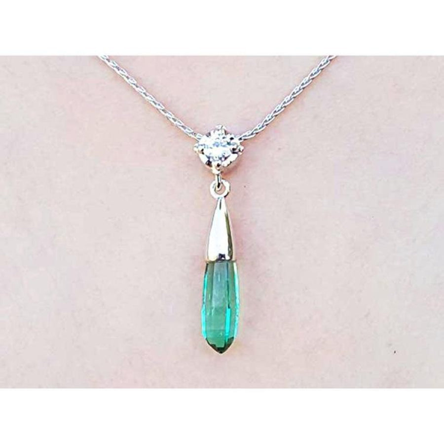 Colombian emerald briolette necklace with a sparkling bluish-green emerald and diamond slider in 14K white gold.