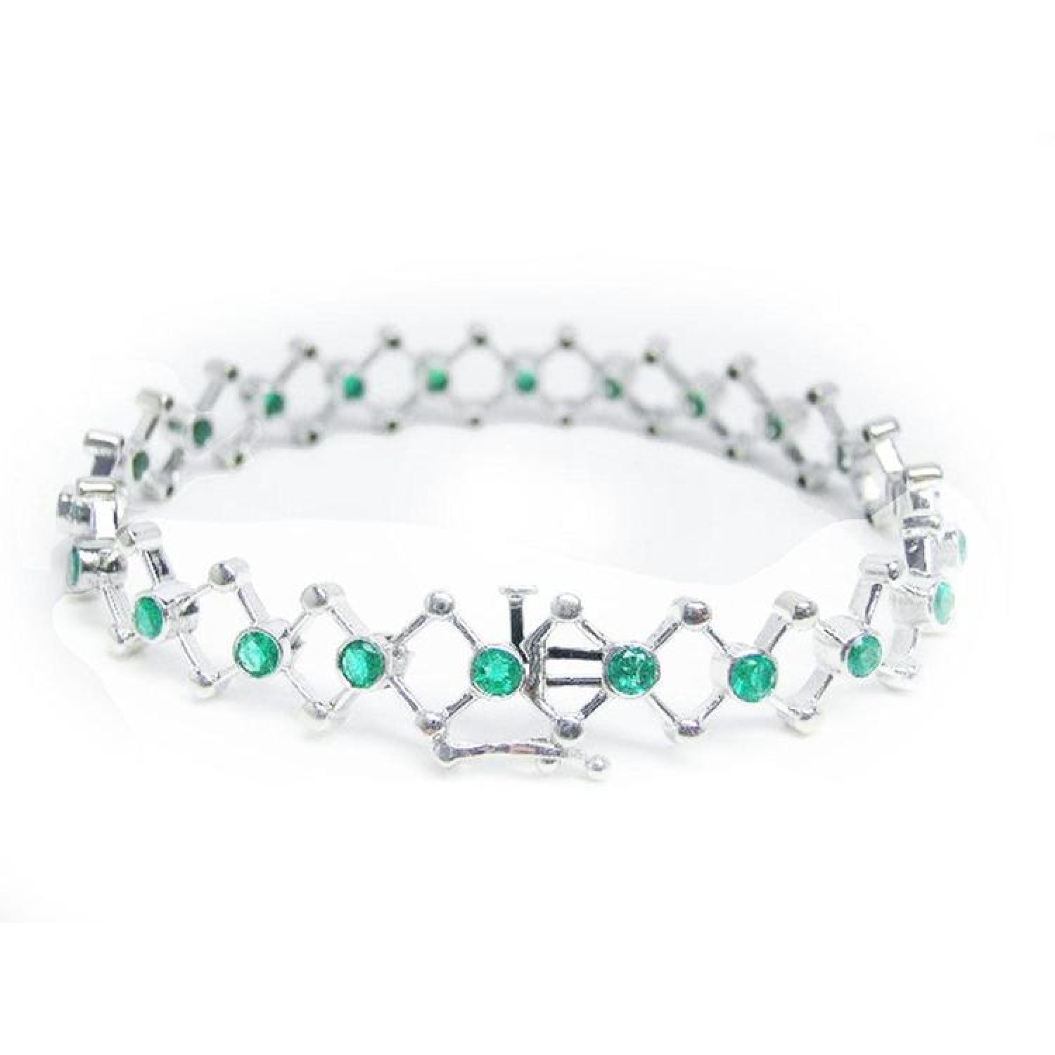 14K white gold bracelet with round Colombian emeralds bezel-set in diamond-shaped links.