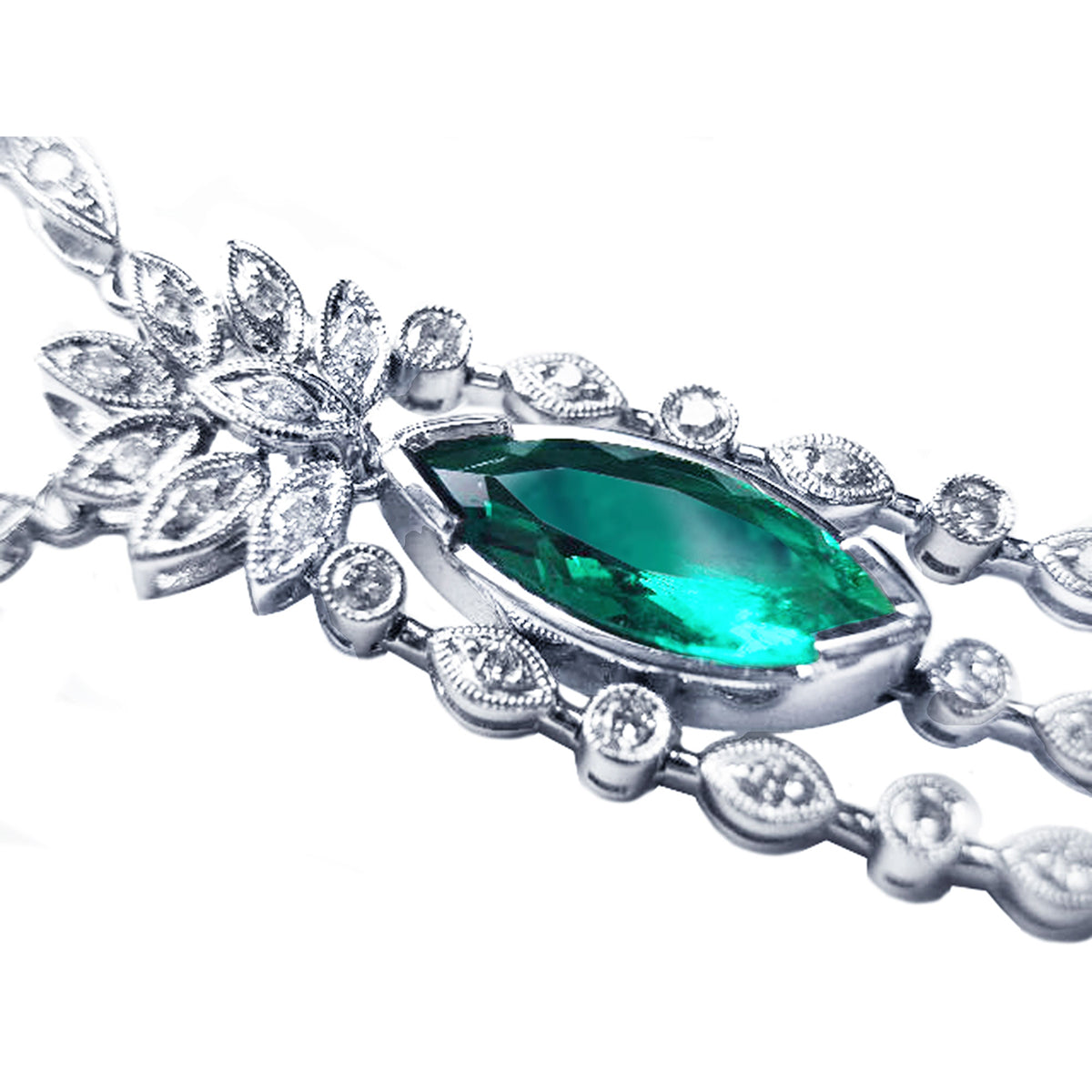 Very clos view of a marquise necklace 2.12 carats Colombian emerald and diamonds 14K white gold