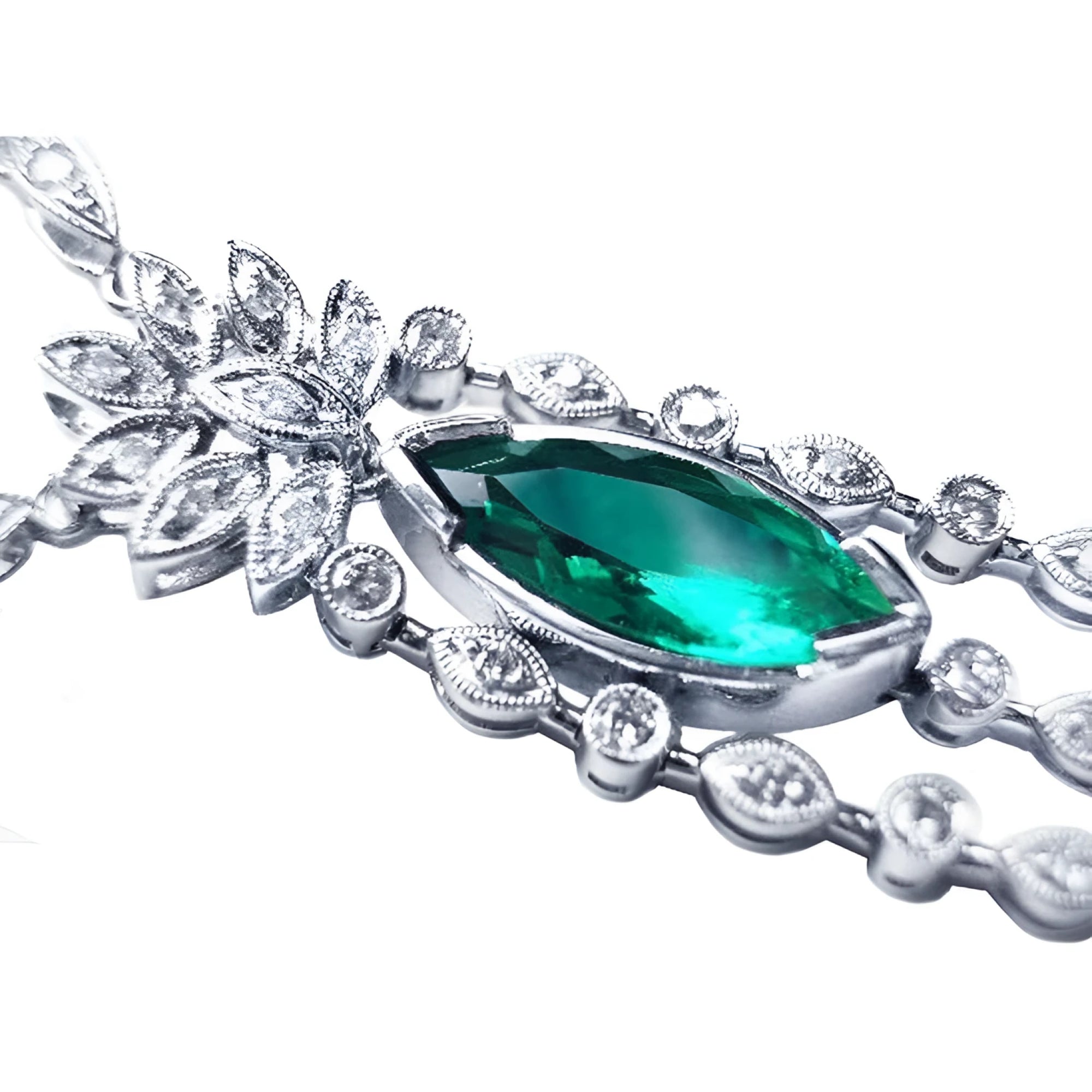 Marquise cut Colombian emerald necklace in 14K white gold with natural diamond links.