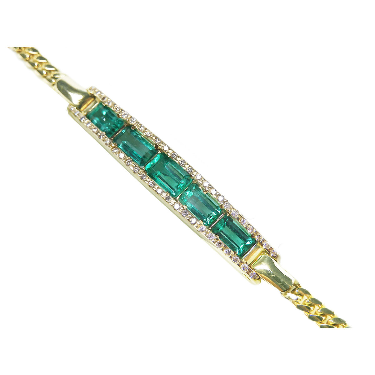 A closer topside view of a five stone natural colombian emerald bracelet with diamonds in yellow gold.