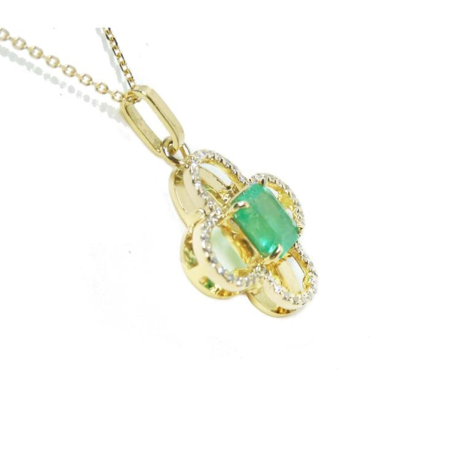 14K gold clover pendant with a square emerald and diamond accents on a delicate chain.