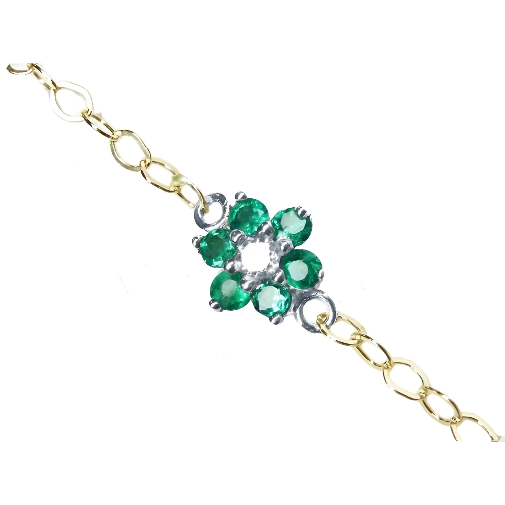 Natural emerald cluster bracelet with center diamond, crafted in 14k white and yellow gold.